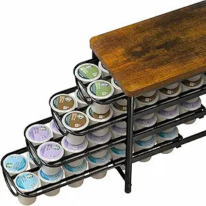 HFHOME Coffee Pod Holder with Wooden Top, Compatible with K-Cups, 4-Tier Coffee Capsule Storage Drawer, 56 Capacity Pods Organizer for Kitchen Counter, Home, Office, Black