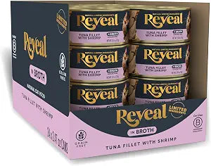 Reveal Tuna Fillet with Shrimp Wet Cat Food in Broth 24-Pack, Protein, Limited Ingredient, Grain Free, Canned Cat Food, No Artificial Additives, No By-Products (24 x 2.47 oz Cans)