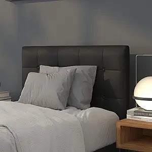 Flash Furniture Lennox Adjustable Height Button Tufted and Box Stitch Upholstered Twin Size Headboard in Black Vinyl