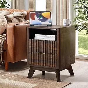 Fluted Nightstand - 24" Modern Bedside Table w/ 2 Drawers, Wood Bed Side End Table with Open Shelf, Night Stand with Storage Drawer, Curved Design Night Stands for Bedroom Living Room (Walnut)