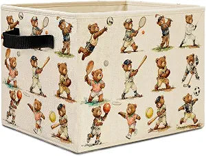 Sports Bear Nursery Storage Bins, Vintage Bears Playing Balls Collapsible Storage Basket Organizer for Kids Sports Room Nursery Bathroom Clothes Toys Books, Toybox for Boys