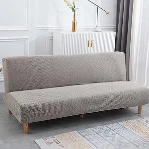 Stretch Futon Cover, Couch Cover for Futon, Armless Sofa Cover, Foldable Sofa Bed Slipcover Without Armrest, Universal Thick Sofa Slipcovers Furniture Protector for Kid, Pet(Weave Camel,Large)