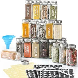 AOZITA 24 Pcs Glass Spice Jars with Labels - 4oz Empty Square Spice Bottles Containers, Condiment Pot, Shaker Lids and Airtight Metal Caps - Silicone Collapsible Funnel