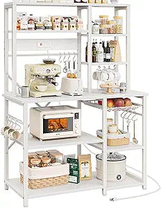 SUPERJARE Large Bakers Rack with Power Outlets, 6-Tier Microwave Stand, Coffee Bar with 12 S-Shaped Hooks, Kitchen Shelf with Wire Basket, 39.4 x 14.6X 66.9 Inches, White