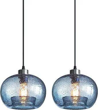 CASAMOTION Hand Blown Glass Pendant Lights Kitchen Island Marble Blue Color Modern Rustic Style Ceiling Hanging Light Fixtures Dining Room Brushed Nickel 8.7 Inch Diameter 2 Pack