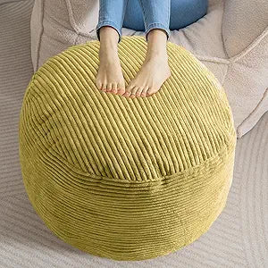 HIGOGOGO Round Stuffed Pouf Ottoman, Corduroy Poufs with Foam Chunk Filling, Furry and Fluffy Pouf Foot Stool Storage Ottoman, 26 X 18 Floor Poufs Foot Rest for Living Room, Green