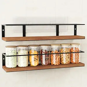 Spice Rack Self-Adhesive or drilling, Rustic Style Hanging Spice Rack, Spice Organization for Cabinet Door or Wall Mount, Over The Stove, Kitchen Wall, 2-Pack