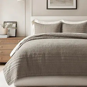 EVERGRACEHOME 100% Cotton Modern Lines Quilt Set King Size, Pre-Washed Soft Striped Coverlet Bedspread, 3 Piece Lightweight Bedding Set for All Season, with 2 Pillow Shams, Stone Taupe