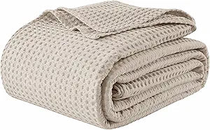 100% Egyptian Cotton Waffle Weave Blanket King Size for Bed, 320 GSM - Breathable and Soft for Spring Summer, Lightweight All Season Bed Blanket for Couch, Sofa (104x90 Inches, Light Khaki)