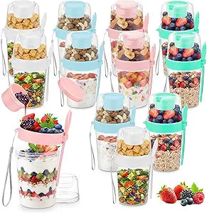 12 Pack 27oz Reusable Yogurt Parfait Cups with Lids and Spoons Overnight Oats Containers with Topping Compartment Cereal Parfait Cups Leakproof Containers for Yogurt Fruit Grain On-the-go