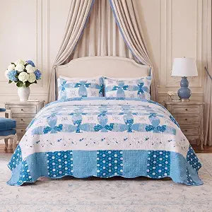 Ultra Soft 100% Cotton Patchwork Quilt Set, Queen 3 Piece Lightweight Bedspread Coverlet 92"x96" with 2 Pillow Shams 20"x26" All Season Bedding