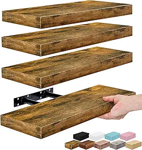 Sorbus Floating Shelves for Wall  16 Inch Floating Shelf for Kitchen, Bedroom, Living Room, Bathroom, Home & Wall Decor - Mounted Bathroom Shelves with Invisible Brackets (Rustic Brown, 4 Pack)