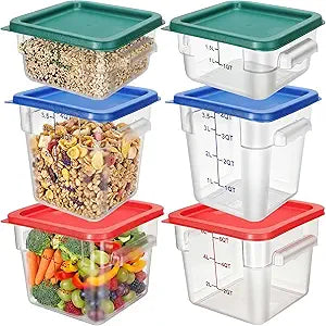 Lallisa 6 Pcs Food Storage Containers with Lids, Clear Square Food Containers with Handles Polycarbonate Restaurant Container Commercial Cereal Storage Set for Kitchen, 2, 4 and 6 Qt(Blue, Red, Green)