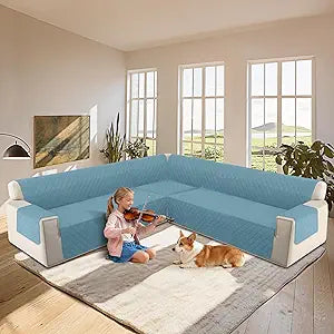 HDCAXKJ L Shape Couch Cover Sectional Sofa Cover 4 Pcs Corner Sectional Sofa Slipcovers Sets for Pets Dogs Washable Non Slip U Shaped Furniture Protector for Sectional Sofa (Sky Blue, Large)