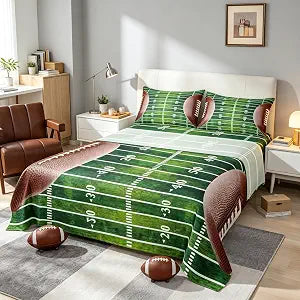 American Sport Football Bed Sheets Set Full for Boys Bedroom Decor,Sports Games Fitted Sheet Football Field Illustration Bedding Set 4Pcs (1 Fitted Sheet+1 Flat Sheet+2 Pillowcases),Green Brown
