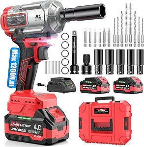 Eioehtl Cordless Impact Wrench 1200Nm, Impact Driver & Impact Drill 1/2" Brushless Power Tool with 24.0Ah Batteries, 5 Sockets, 8 Drill Bits, 5 Driver Bits, Extension Bar & Adapter for Car, Van & DIY