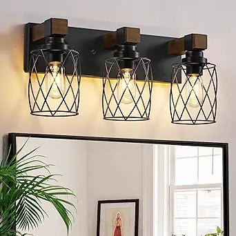 Farmhouse Bathroom Vanity Light, 3-Light Wood Bathroom Light Fixtures Over Mirror, Black Industrial Vanity Lights with Metal Shade, Rustic Bathrooms Lighting for Living Room, Bedroom, Hallway