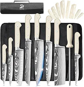 Dfito Chef Knife Set with Roll Bag, 9PCS Professional Knife Set with Sharpener, High Carbon Stainless Steel Kitchen Knife Set with Anti-Slip Ergonomic Handle for Camping, Travel, BBQ, RV or Gift Beige