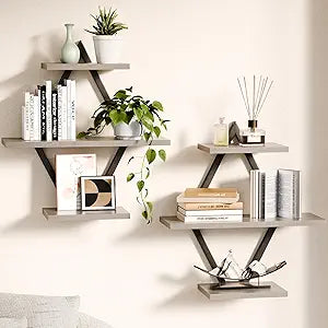 Floating Shelves, Wall Shelf Set of 2, Wall Mounted Shelves, 3-Tier Hanging Wall Shelves for Bathroom, Living Room, Bedroom, Kitchen, Office (Gray)