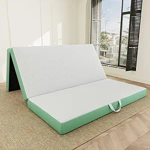 ROXGOX Memory Foam Trifold Mattress, 4 Inch Full Foldable Mattress, Portable Floor Bed with Washable Cover, Handle & Non-Slip Bottom, for RV, Travel, Camping, Yoga, 73"x52"x4", White Green