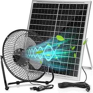 Tujoe 1 Pack 20w Solar Panel 8 Inch Fan, High Velocity Portable Floor Fan 36db Quiet Operation 19.5ft Long Cord, Solar Panel Waterproof Powered Fan for Greenhouse Motorhome, Camping