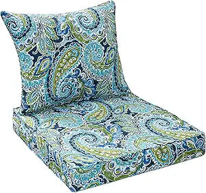 Magpie Fabrics Outdoor Deep Seat Cushion Set 24x24x4 Inch Thick Chair Pad and 24"x20" Back Pillow with Removable Cover, Water & Fade Resistant for Patio Sofa - Paisley Lapis Green