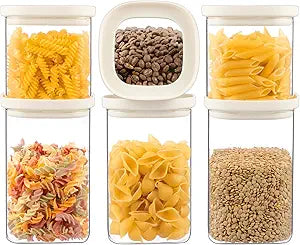 Urban Green Glass Food Storage Jar with Glass Lid in Square Shape, Food Canister Set with Airtight Lids, Pantry Jars for Kitchen Organization, Food Storage Containers in Set of 6