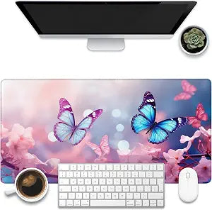 Desk Pad,Flying Blue Butterfly Desk Mat,Pink Cherry Blossom Branches Large Gaming Mouse Pad for Desk,31.5"x15.7" Extended Big Computer Keyboard Mouse Pad with Non-Slip Base and Stitched Edge