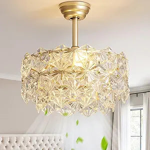 SYDACG 20" Gold Crystal Fandelier Ceiling Fan with Light, Mid-Century Chandelier Ceiling Fan with Light Remote Control, 6 Speeds for Bedroom, Nursery, Living Room