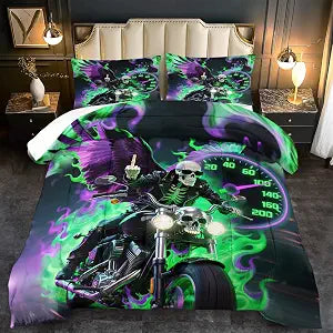 3-piece Goth Skull Comforter Set Queen Size Black Goth Comforter Boys Dirt Bike Skull Bedding Set Men Motorcycle Bedding for Boys Teens Game Room Decor for Adults