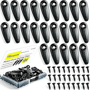 120 Sets Picture Frame Backing Clips with Screws, Black Durable Plastic Turn Button Backing Fasteners for Hanging Photos, Canvas Art, Shadow Box, Pictures Framing Supplies (120)