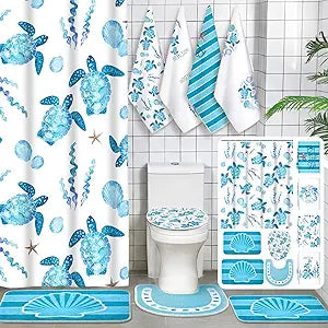 Fourluoo 21 Pcs Ocean Shower Curtain Sets Nautical Coastal Bathroom Decor with Non Slip Rugs U-shaped Mat Toilet Lid Cover Hand Towels Turtle Shell Waterproof Bathroom Curtain Shower Set with 12 Hooks