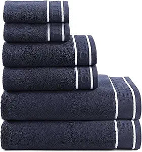 Tommy Hilfiger  Bathroom Towels, Soft Cotton Washcloths, Bath & Hand Towel Set, Zero Twist, Medium Weight & Highly Absorbent, Set of 6, College Dorm Room Essentials (Legacy Navy)