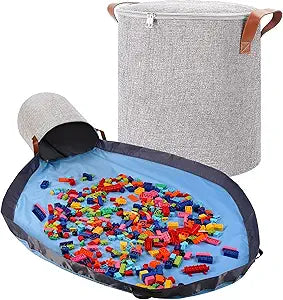 SAM AND MABEL XXL Toy Storage Organizer with Play Mat  15" x 15" x 16" Storage Bin for Kids Playroom, Foldable Fabric Bag and Basket for Nursery (Gray)