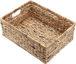 Wicker Basket for Shelf Natural Water Hyacinth Storage Baskets with Built-in Handles Rectangular Handwoven Basket Bin for Bathroom Kitchen Home Decor,16"x12"x6"