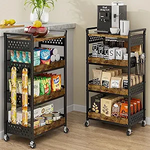 4 Tier Bathroom Storage Cart - Kitchen Rolling Cart on Wheels, Metal Snack Cart Pantry Floor Organizer with Hooks and Mesh Basket, Black Utility Trolley Rack for Fruit Coffee Craft Makeup