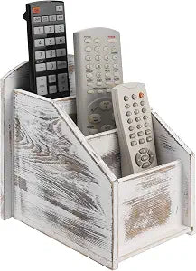 MyGift Whitewashed Wood TV Remote Control Holder with 3 Compartments