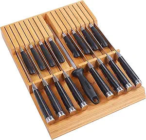 Utoplike In-drawer Knife Block Bamboo Kitchen Knife Drawer Organizer Large, handle Steak knife Holder without Knives, Fit for 16 Knife and 1 Sharpening Steel (Knives & Sharpening Not Included)