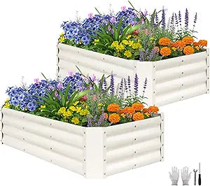 2 Pcs 4x2x1ft Galvanized Raised Garden Bed Outdoor, Metal Planter Boxes with Easy Assembly, Planter Raised Beds for Gardening, Flower, Plants, Vegetable, Herb - White