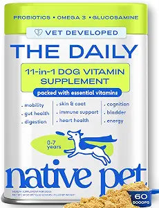 Native Pet The Daily Dog Vitamins & Supplements - 11-in-1 Multivitamin Powder for Dogs - Supports Whole Body Health, Digestion, Mobility & Immunity with Collagen, Glucosamine & Probiotics  60 Scoops