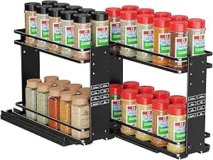 Nieifi Pull Out Spice Rack Organizer, 2 Tiers, Black, Spice Organization for Cabinet, Height Adjustable, Easy to Install