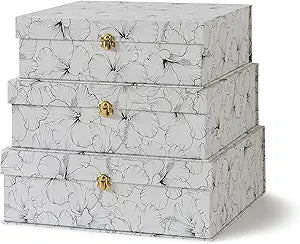 Soul & Lane Black and White Floral Cardboard Decorative Storage Boxes with Gold Hardware - Set of 3, Hibiscus Harmony - Stacking Boxes with Lids for Home Decor and Organizing, Elegant Design