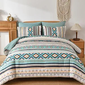 Dinjoy Turquoise Boho Comforter Set Queen Size,7 Pieces Bed in a Bag Queen Aztec Bedding with Sheets Bohemian Geometric Striped Complete Set for Spring Summer Fall Winter 90"x90"