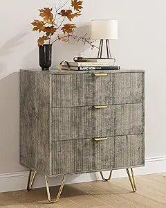 Grey Dresser for Bedroom, Modern Fluted 3 Drawer Dresser with Storage, Dresser Chest of Drawers with Gold Handles for Bedroom, Living Room, Closet, Hallway, 15.8" D x 23.6" W x 27.6" H
