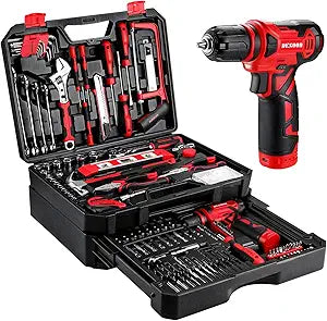 259-Piece Tool Box Drill Set with 12V Cordless Power Drill, Household & Mechanic Hand Tool Set with Battery Drill for DIY Home Repair, Gift for Homeowner, DIYer, Handyman, Red