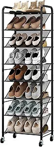 STO STO 8-Tier Narrow Shoe Rack with Lockable Wheels, Double-Sided Vinyl Mesh Shelf Shoe Organizer for Up to 30 Pairs, Slim Space Saving Metal Rolling Shoe Storage for Entryway, Closet, Hallway