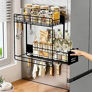 Magnetic Shelves for Washing Machine with Pull Out Shelf, Black Magnetic Sliding Racks for Side of Fridge, Magnetic Laundry Shelf with 5 Hooks, Magnet Laundry Room Organizer