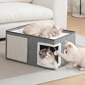 Extra-Wide Cat Houses for Indoor Cats, Large Cat Cave Bed with Fluffy Ball and Scratch Pad, Foldable Covered Kitten Bed for Multiple Cats, 23.6x16x13 inches, Grey