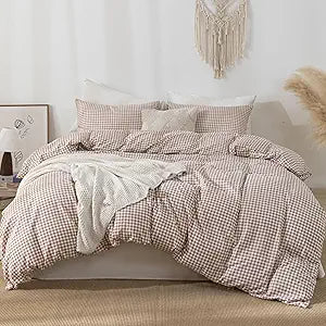 Tan Gingham Duvet Cover Bedding Set Prewashed Extra Soft Comfy Breathable 3 Piece Brown Plaid Checkered Grid Vintage Comforter Cover Set Cute Aesthetic (King 104"x90", No Comforter)