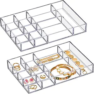 Amazing Abby - Jewel - 2-Pack Acrylic Jewelry Organizer, Plastic Jewelry Tray, Jewelry Case, Trinket Tray, Ring Holder, Perfect Storage Solution for Necklaces, Bracelets, Rings, and More